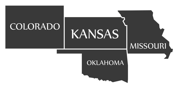 Colorado - Kansas - Oklahoma - Missouri Map Labelled Black