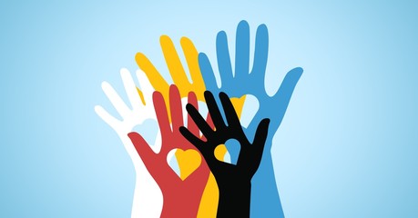 Multicolored volunteers hands with heart shaped