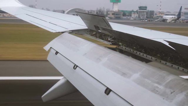 Wing of an Aircraft landing at Bergamo Orio al Serio Airport near Milan in Italy.
