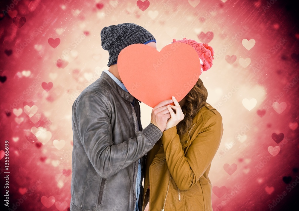 Poster Romantic couple hiding their face behind heart