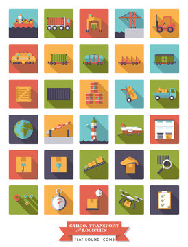 Cargo, transport and logistics square flat icons vector set.