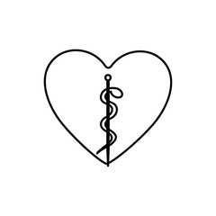 monochrome contour with health symbol with serpent entwined inside of heart vector illustration