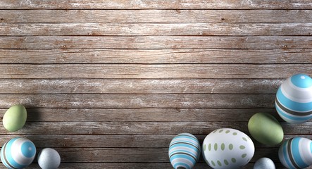 3d rendering of Easter eggs on wooden background