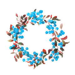Watercolor wreath of branches with blue berries isolated on white. Background for invitation.