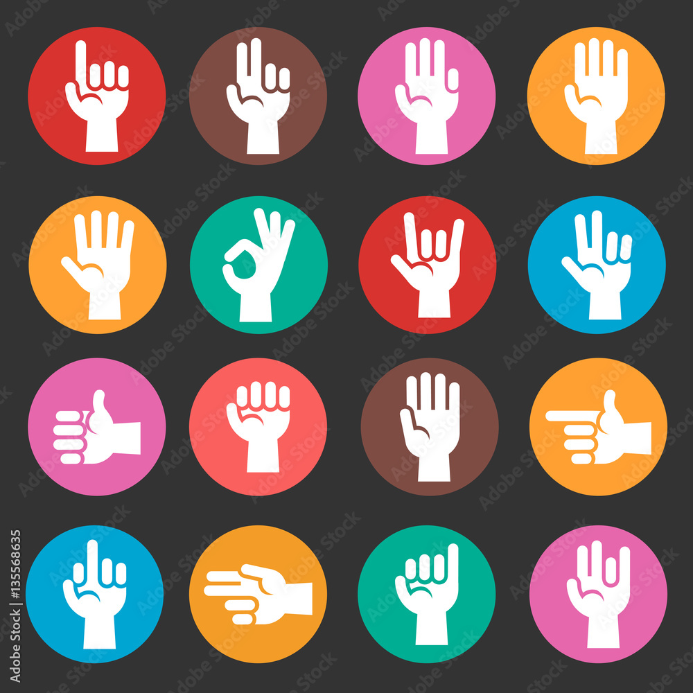 Poster hands gestures colorful vector icons set