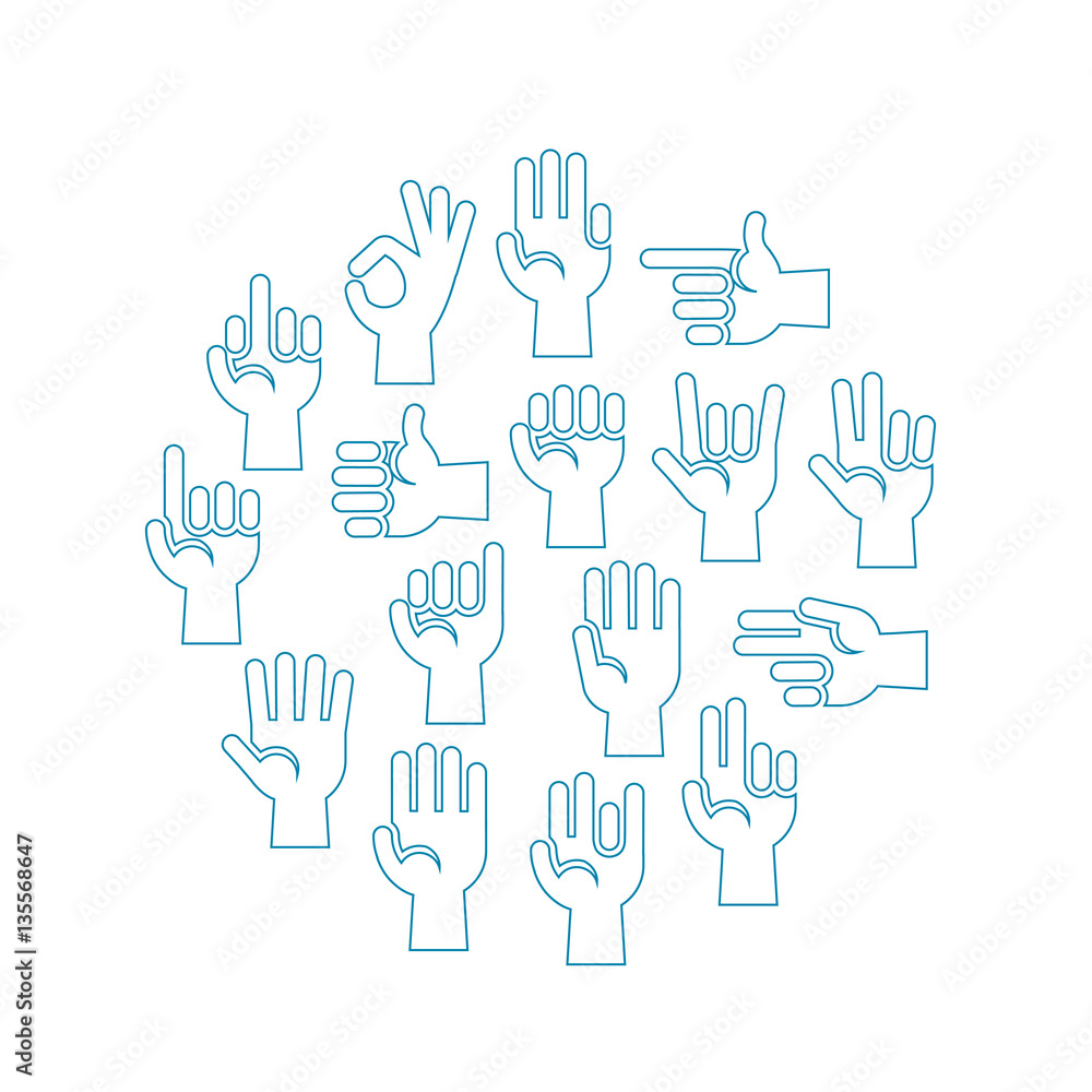 Poster hands gestures vector icons set in a circle