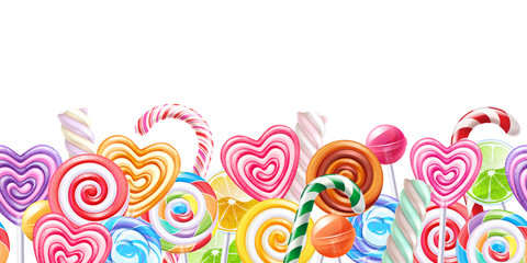 Lollipops candy border background. Hard candies on stick.