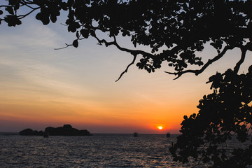 Fototapeta na wymiar Bright red sunset at tropical island coast in Indian Ocean