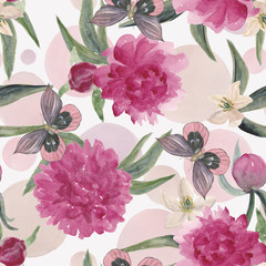 Watercolor painting seamless pattern with peonies and lemon flowers, butterflies and round background