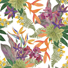 Watercolor painting tropical pattern with exotic flowers and leaves: bird of paradise, orchid