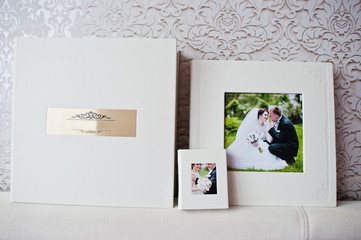 Luxury white classic leather wedding book with flash box.