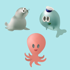 Cute cartoon sea creatures set. Sea fishes and animals collection.