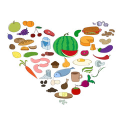 Hand drawn food collection in heart symbol. Fruit and vegetable icons.