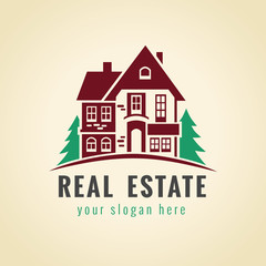 Real estate vector logo. House for sale sign. Sign for estate agency, building, lease house, insurance, invest or landscape design business. Country house vintage symbol.