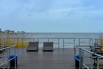 Wooden promenade on the seafront in the city of Szczecin, Poland.