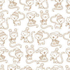 Seamless pattern with cute cartoon cats  in knitted scarves and hats on white  background.  Funny kittens. Animals  in clothes. Vector contour  image. Children's illustration.