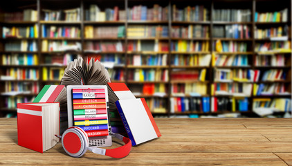 e-book audio learning languages and Books in library 3d render S