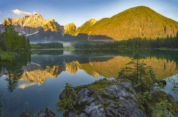 panorama of mountain lake in the morning in the Julian Alps in I