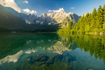 panorama of mountain lake in the morning in the Julian Alps in I