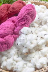 A closeup image of an old weaving Loom and thread of yarn. 