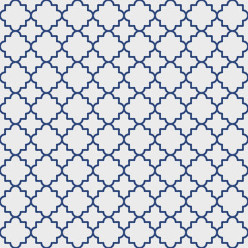 Traditional quatrefoil lattice pattern outline, blue on gray