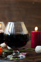 Romantic dinner concept - wine in glasses for lovers.