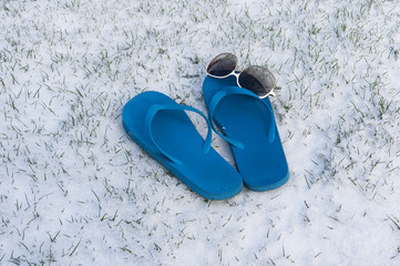 Fototapeta na wymiar Flip flops with sunglasses on a lawn covered with snow