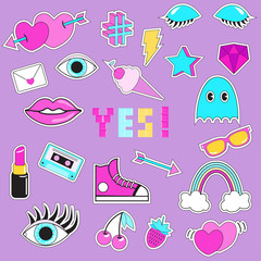 Set of patches, stickers, badges, pins with eye, sunglasses, lips, ice-cream, phrase 