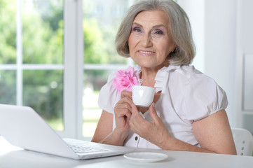 mature woman portrait using laptop 