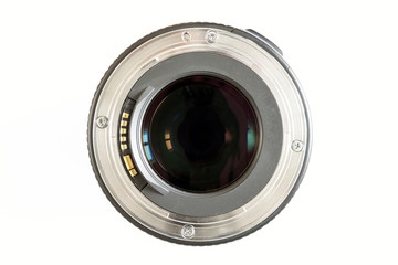 Camera photo lens close-up on white background with lense reflec