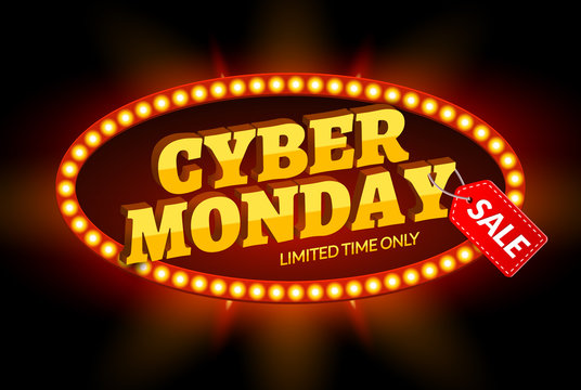 Cyber Monday sale retro light frame. Vector background design template for market sale and discounts. Business sign advertisement. Promotional banner.