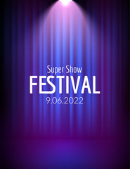 Festival show poster with spotlight. concert event, theater show design. Vector stage curtain. Poster flyer template with Light. Festive illustration