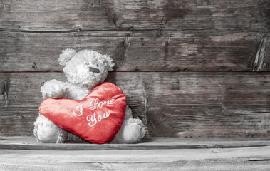 mascot teddy bear holding a heart symbolizing love