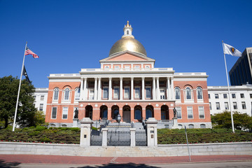 Massachusetts State Capitol House in Boston with blue sky backgr