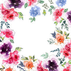 Floral background with flowers. Watercolor floral bouquet. Birthday card. Floral frame.