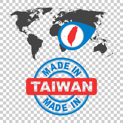 Made in Taiwan stamp. World map with red country. Vector emblem in flat style on isolated background.