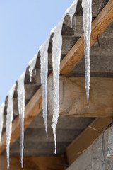 Icicles from the roof of the house