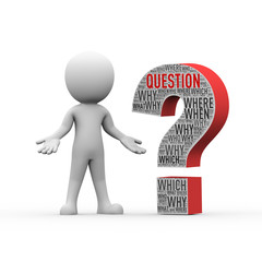 3d man standing with question mark wordcloud
