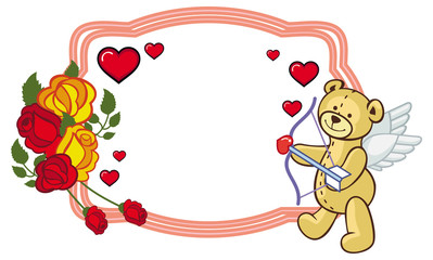 Color frame with roses and teddy bear with bow and wings, looks like a Cupid.