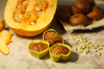 Homemade pumpkin muffins in the shape of heart