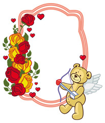 Color frame with roses and teddy bear with bow and wings, looks like a Cupid.