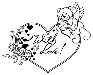 Heart-shaped frame with outline roses and teddy bear with bow and wings.