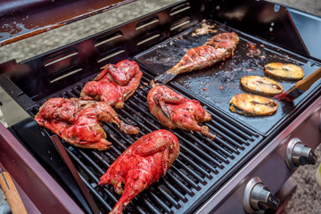 Grilled chicken and fish at street bbq