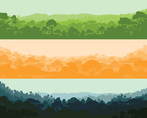 Horizontal wood afternoon, evening and night. Landscape, trees, tropics. Silhouettes. Vector.