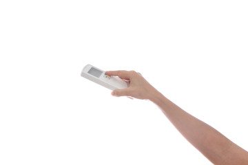 Woman Hand with remote control air conditioner isolated