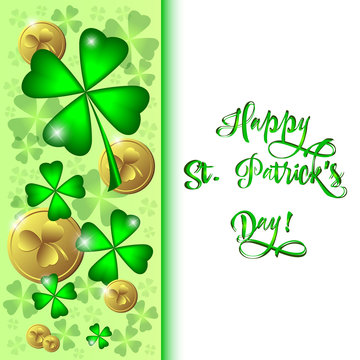 Holiday card with clovers and coins for St. Patrick's Day in March 17. Vector illustration