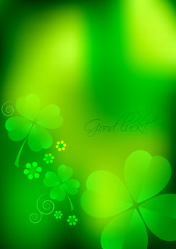 Holiday card for St. Patrick's Day in March 17. Green blurred background with shamrocks. Vector illustration