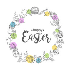 Easter wreath with hand-drawn symbols. Lettering, sketch,doodle. Vector background