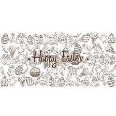 Easter background with hand-drawn symbols. Lettering, sketch, doodle. Vector design