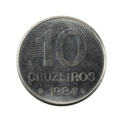 10 brazilian cruzeiro coin (1984) obverse isolated on white back